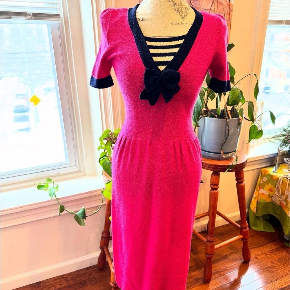 Vintage 1980s Hot Pink Dress with Black Accents